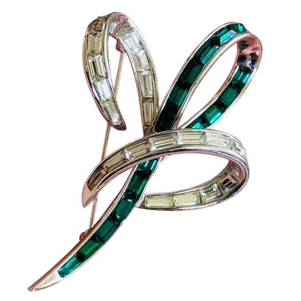 Art Deco‎ Marcel Boucher ribbon Pin Brooch VTG green baguette Rare silver Tone
